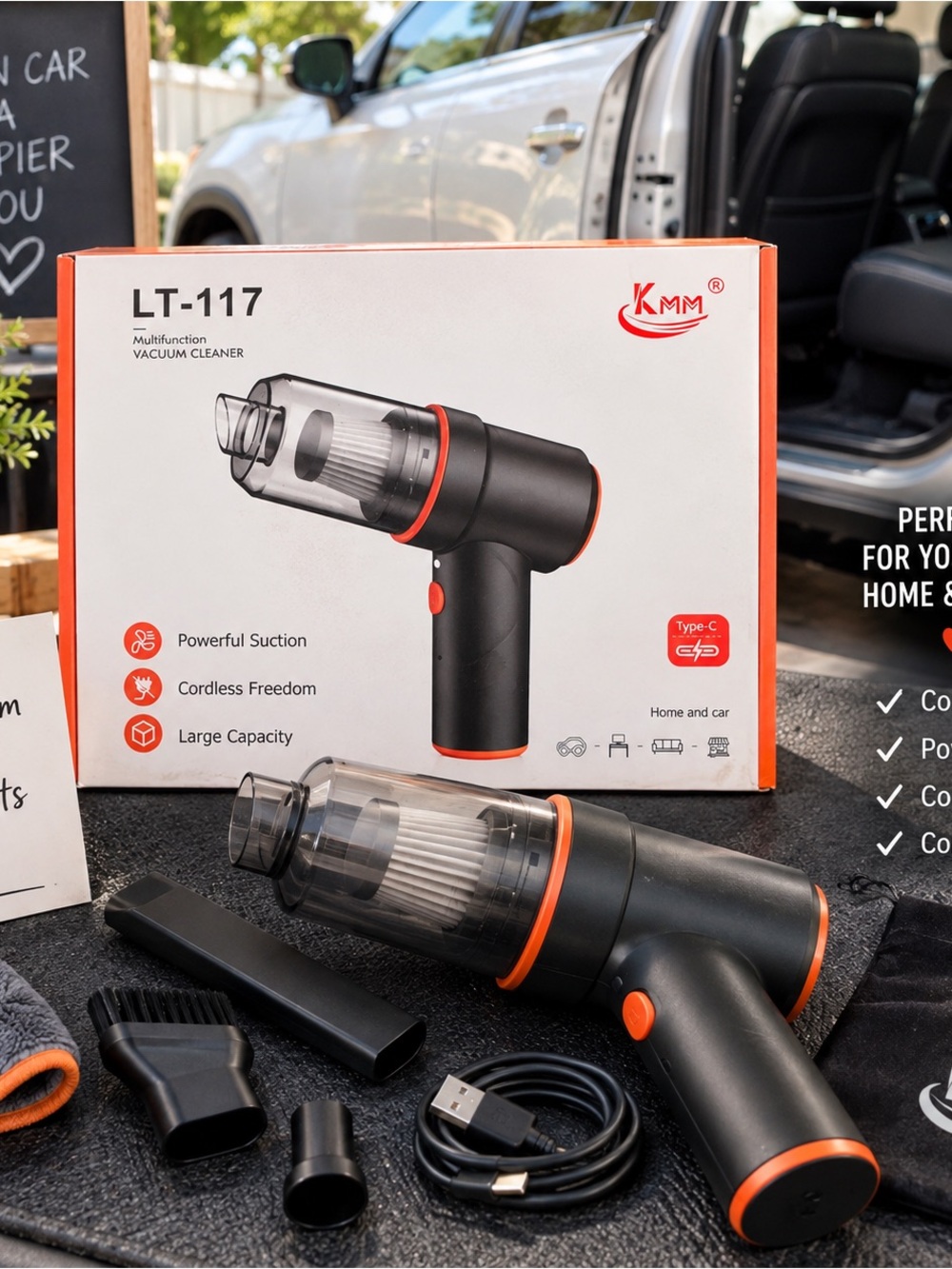 KMM LT-117 Cordless Handheld Vacuum Cleaner — Black with Orange Accents